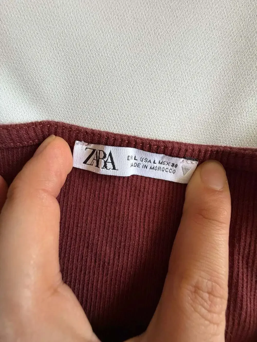 Zara Top L Burgundy Ribbed Square Neck Notch Long Sleeve Crop